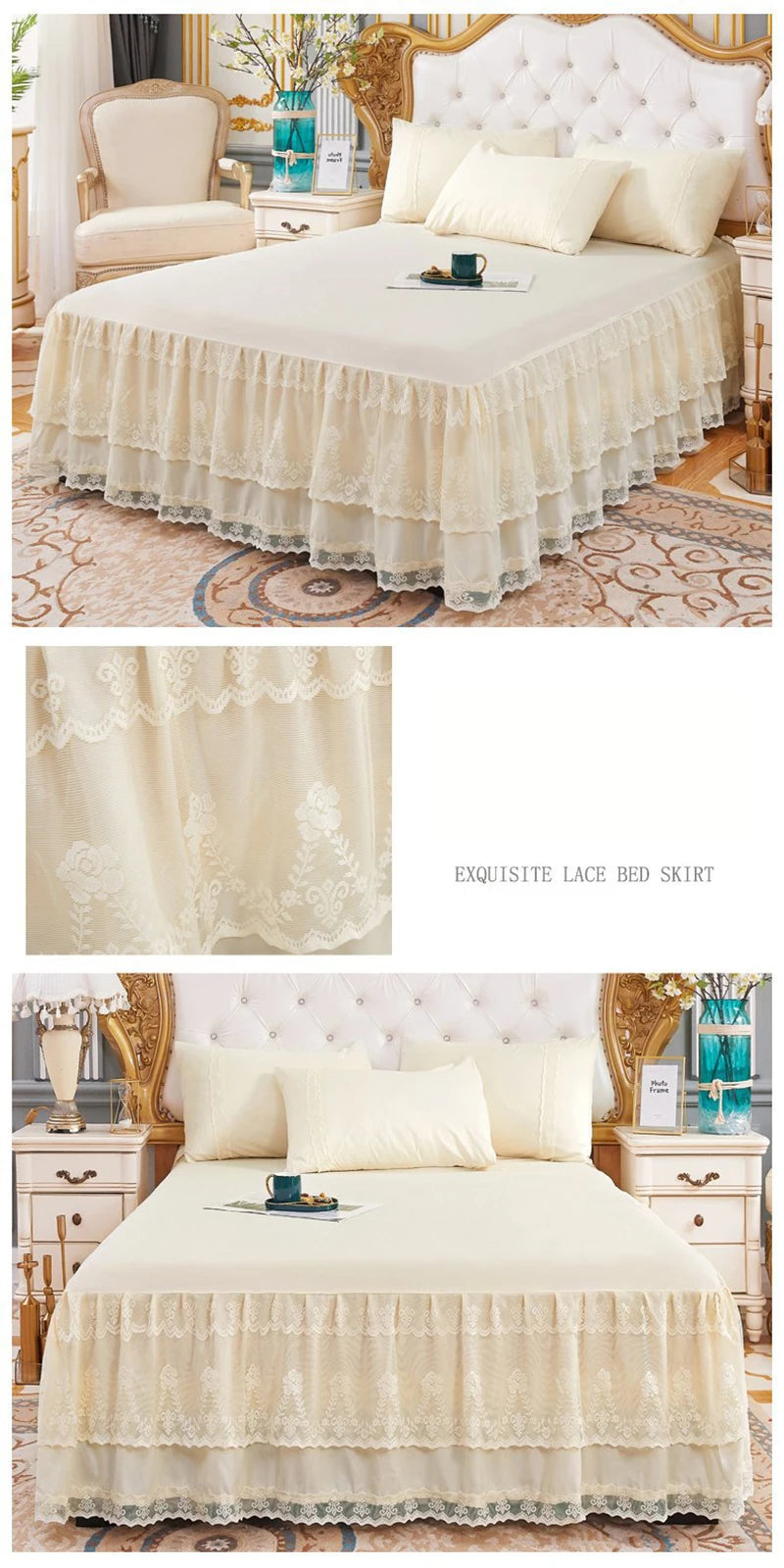 New 3 Layers Bed Skirt Lace Ruffled Bed Skirt Couvre Lit Bedroom Bed Cover