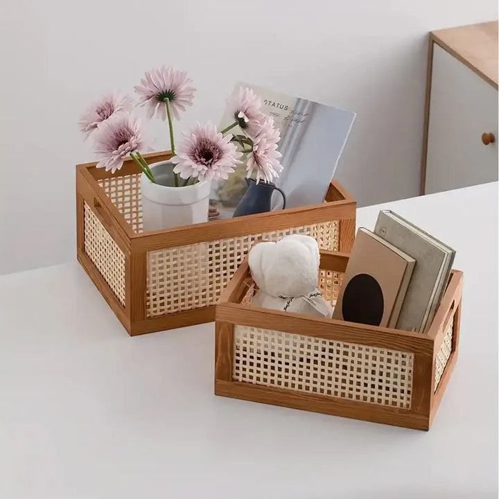 Durable Retro Storage Box Rattan Solid Wood Storage Basket