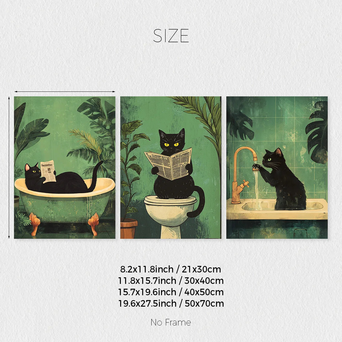 Set of 3 Funny Bathroom Black Cat Wall Art Canvas Print
