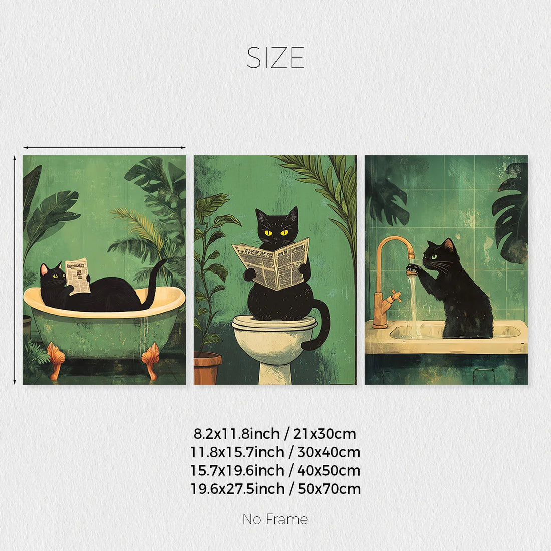 Set of 3 Funny Bathroom Black Cat Wall Art Canvas Print
