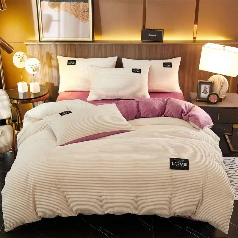 Winter Thick Solid Color Velvet Duvet Cover Warmth Bedding Set