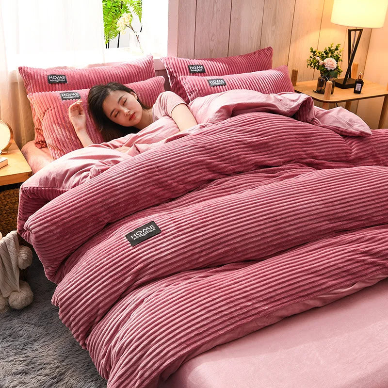 Winter Thick Solid Color Velvet Duvet Cover Warmth Bedding Set