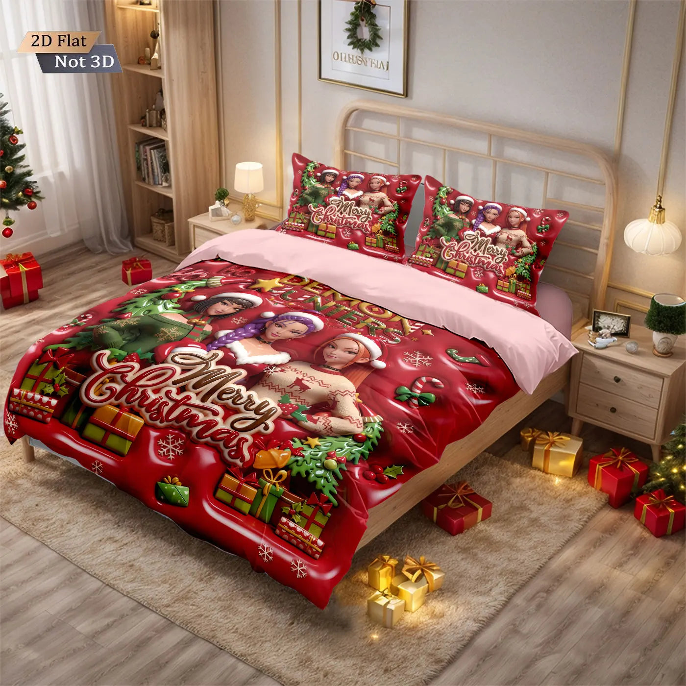3pcs Christmas imitation relief K-Pop Demon Hunters printed coreless down comforter set
