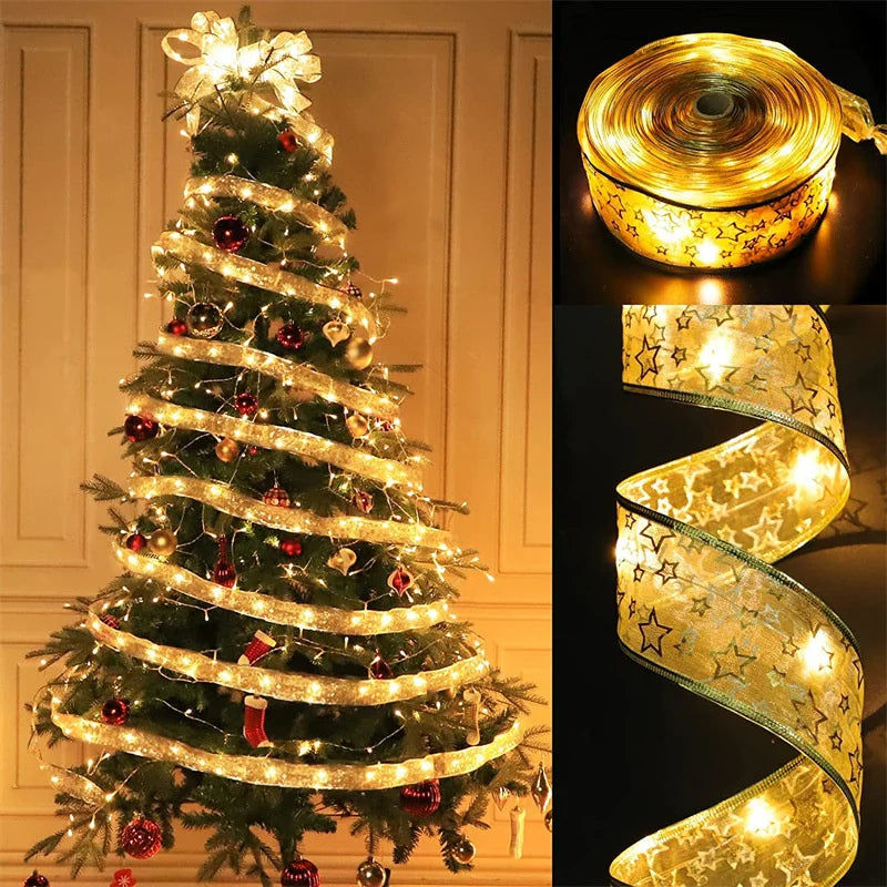 1-10m 2024 Christmas Ribbon Fairy Light String Merry Christmas Decorations