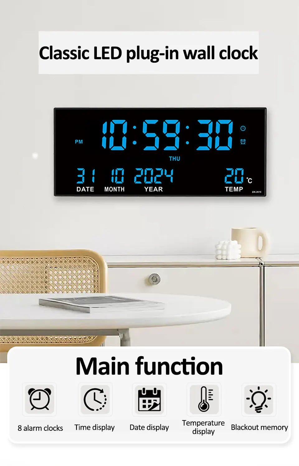 Digital Large Wall Clock Alarm Temperature Date Calendar Display
