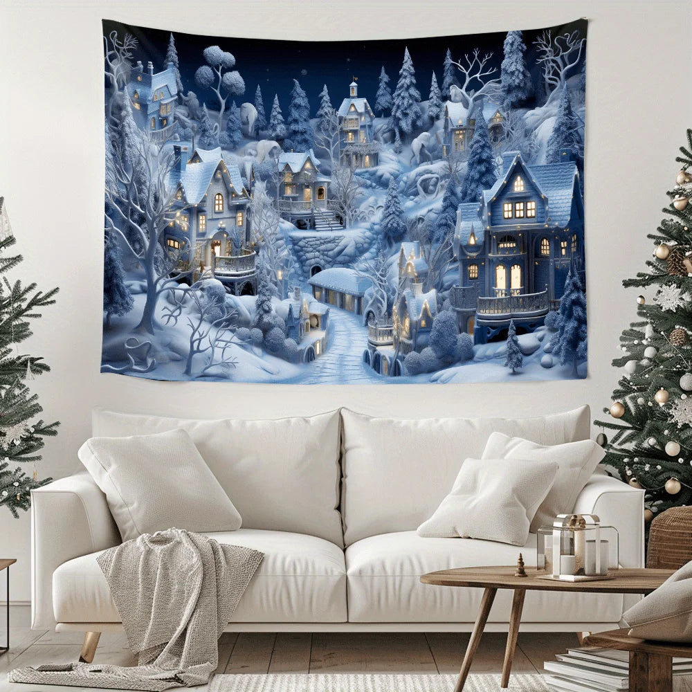 VIKAMA Christmas Tapestry Snowy Christmas Village Scene Living Room