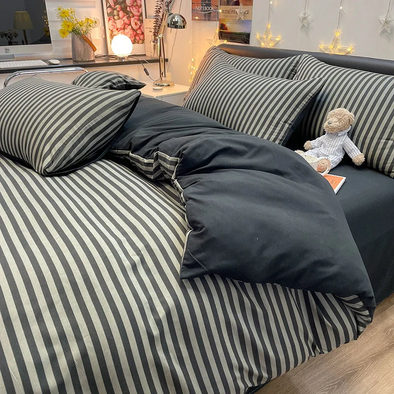 Nordic Plaid Pattern Wash Cotton Bedding Set Duvet Cover Pillowcase