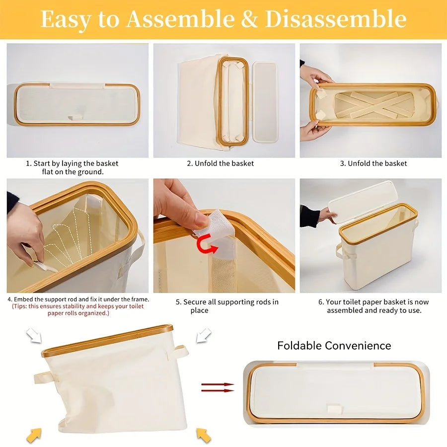 Bamboo toilet paper holder with lid - Self-contained bathroom organizer