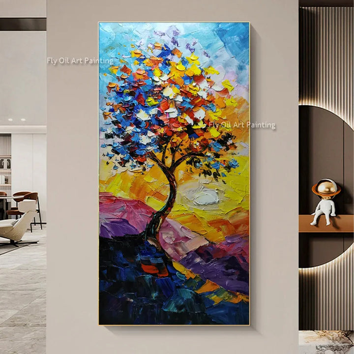 Hand Drawn Colorful Knife Thick Flowers Canvas Oil Painting