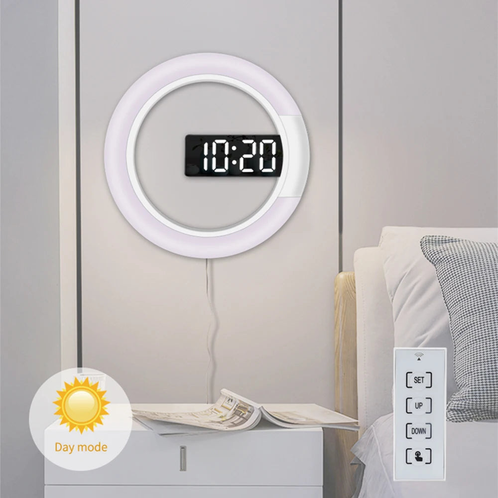 LED Mirror Hollow Wall Clock with Remote Control Round Digital Alarm Clock