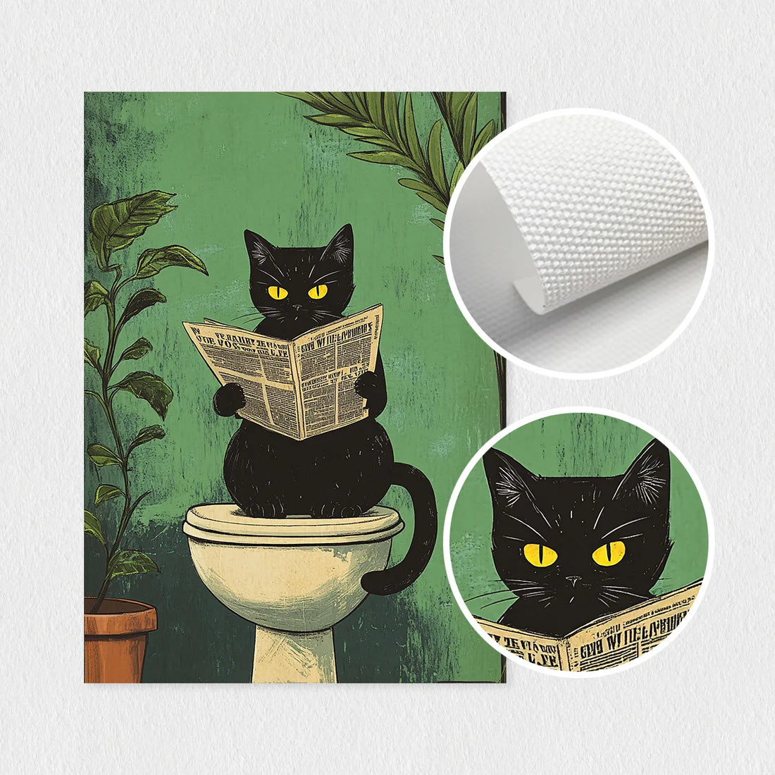 Set of 3 Funny Bathroom Black Cat Wall Art Canvas Print