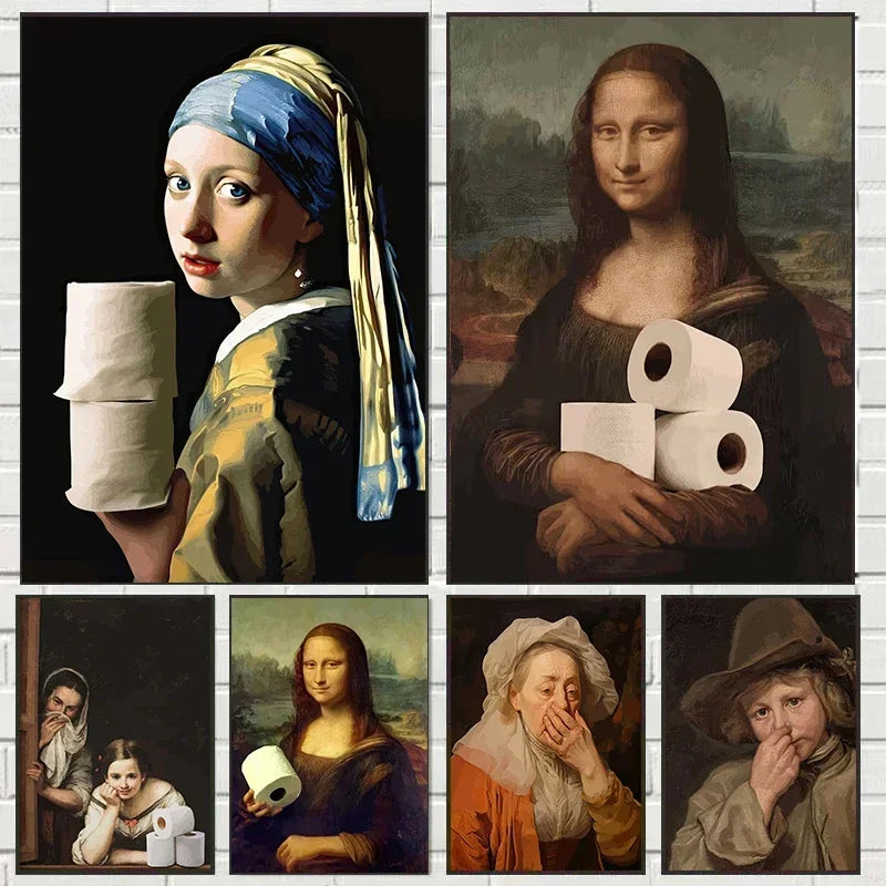 Funny Mona Lisa Wearing Pearls Girl Bathroom Toilet Decoration Painting