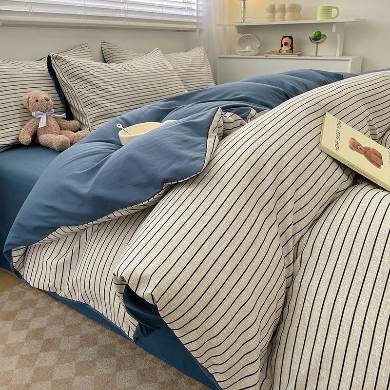 Nordic Plaid Pattern Wash Cotton Bedding Set Duvet Cover Pillowcase