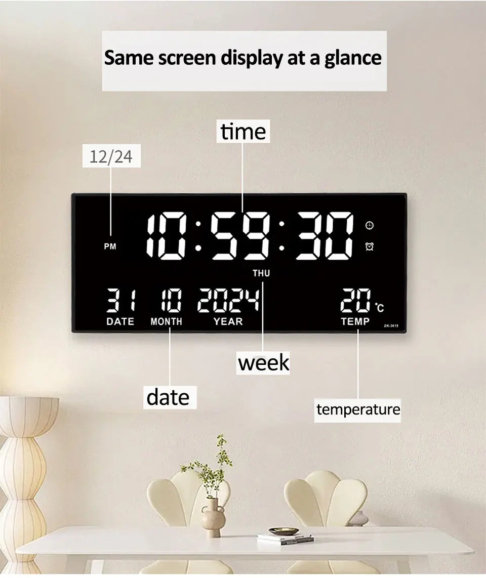 Digital Large Wall Clock Alarm Temperature Date Calendar Display