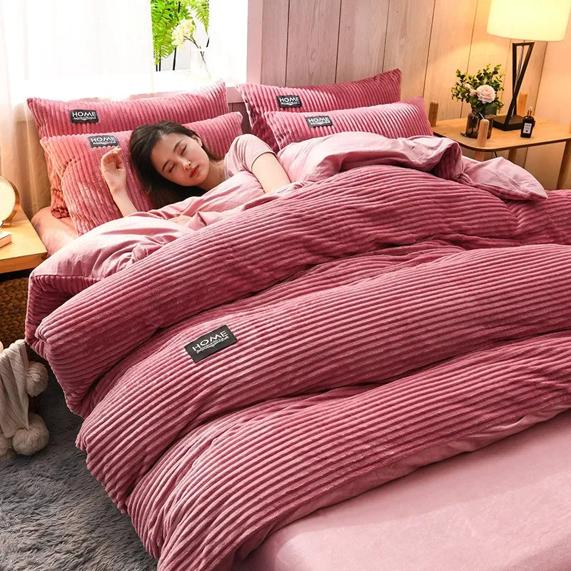 Winter Thick Solid Color Velvet Duvet Cover Warmth Bedding Set