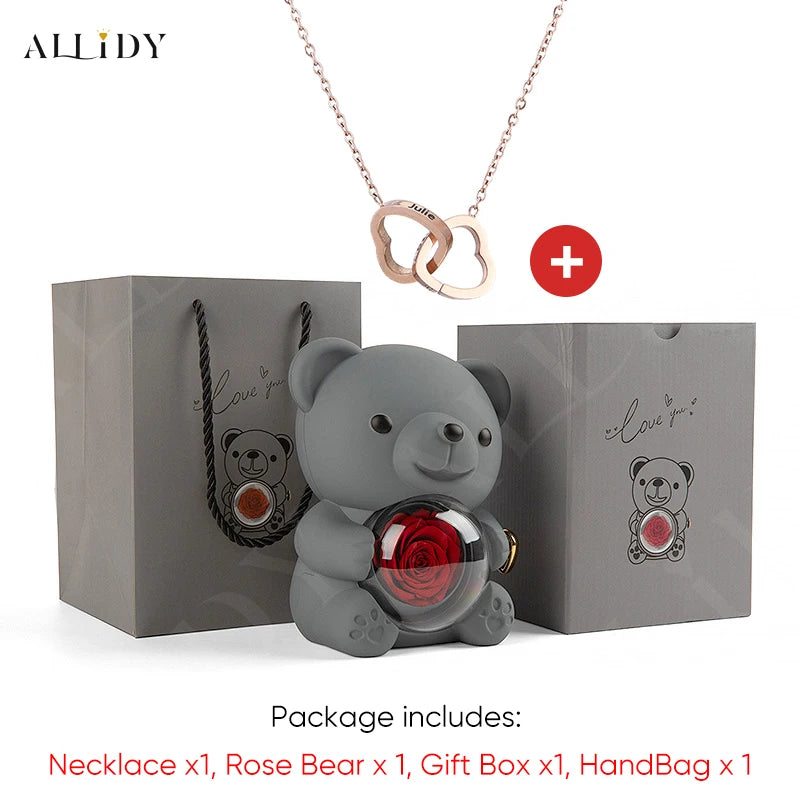 2025 Hot Eternal Rose Teddy Bear Gift Box with Custom Necklace Jewelry Set