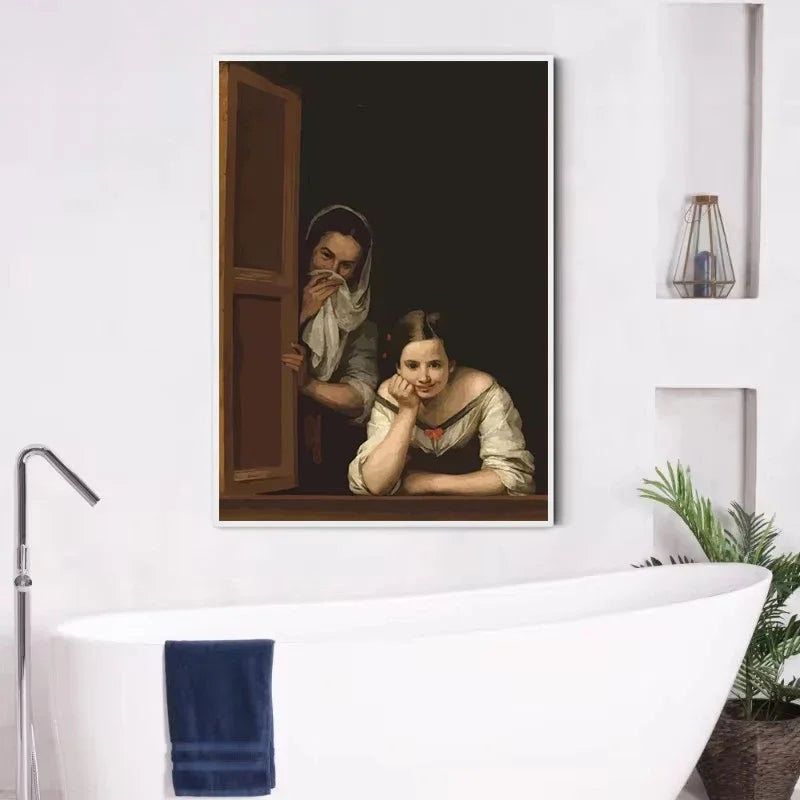 Funny Mona Lisa Wearing Pearls Girl Bathroom Toilet Decoration Painting