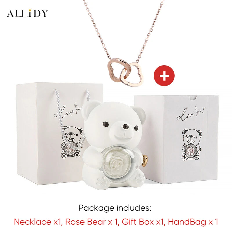 2025 Hot Eternal Rose Teddy Bear Gift Box with Custom Necklace Jewelry Set