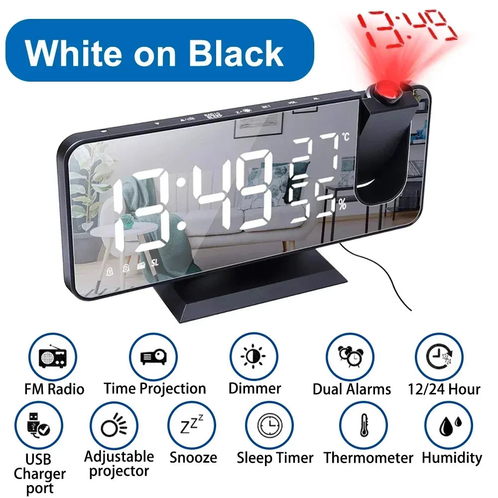 LED Digital Projection Alarm Clock Mirrow Radio USB Temperature
