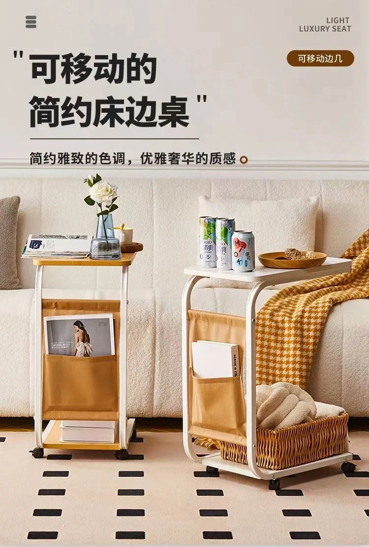 Coffee Table With 360° Wheels C-Shape End Table Sofa Side