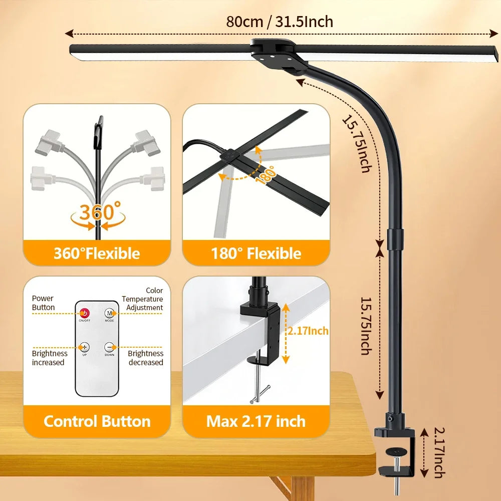 280LED 24W Double-Head Desktop Clip Lamp Ultra Bright Remote Control