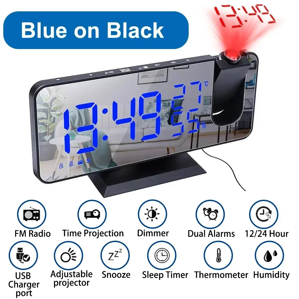 LED Digital Projection Alarm Clock Mirrow Radio USB Temperature