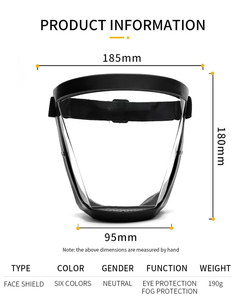 Full Face Transparent Protective Mask Dust and Fog Resistant Oil Splas