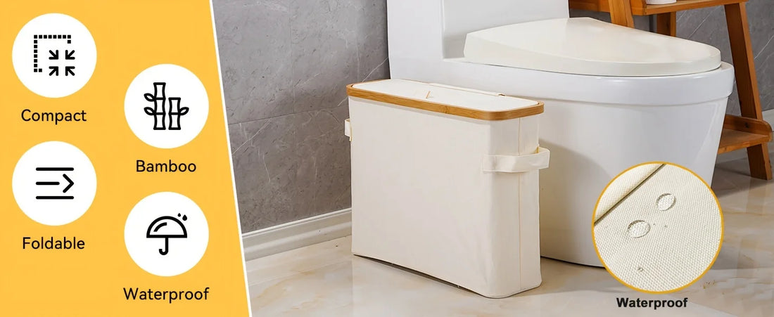 Bamboo toilet paper holder with lid - Self-contained bathroom organizer