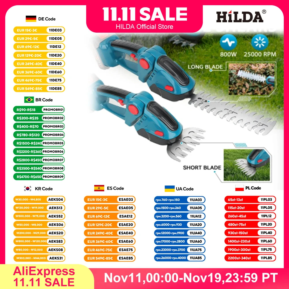 HILDA  2 IN1 Electric Hedge Trimmer Cordless Handheld Weeding