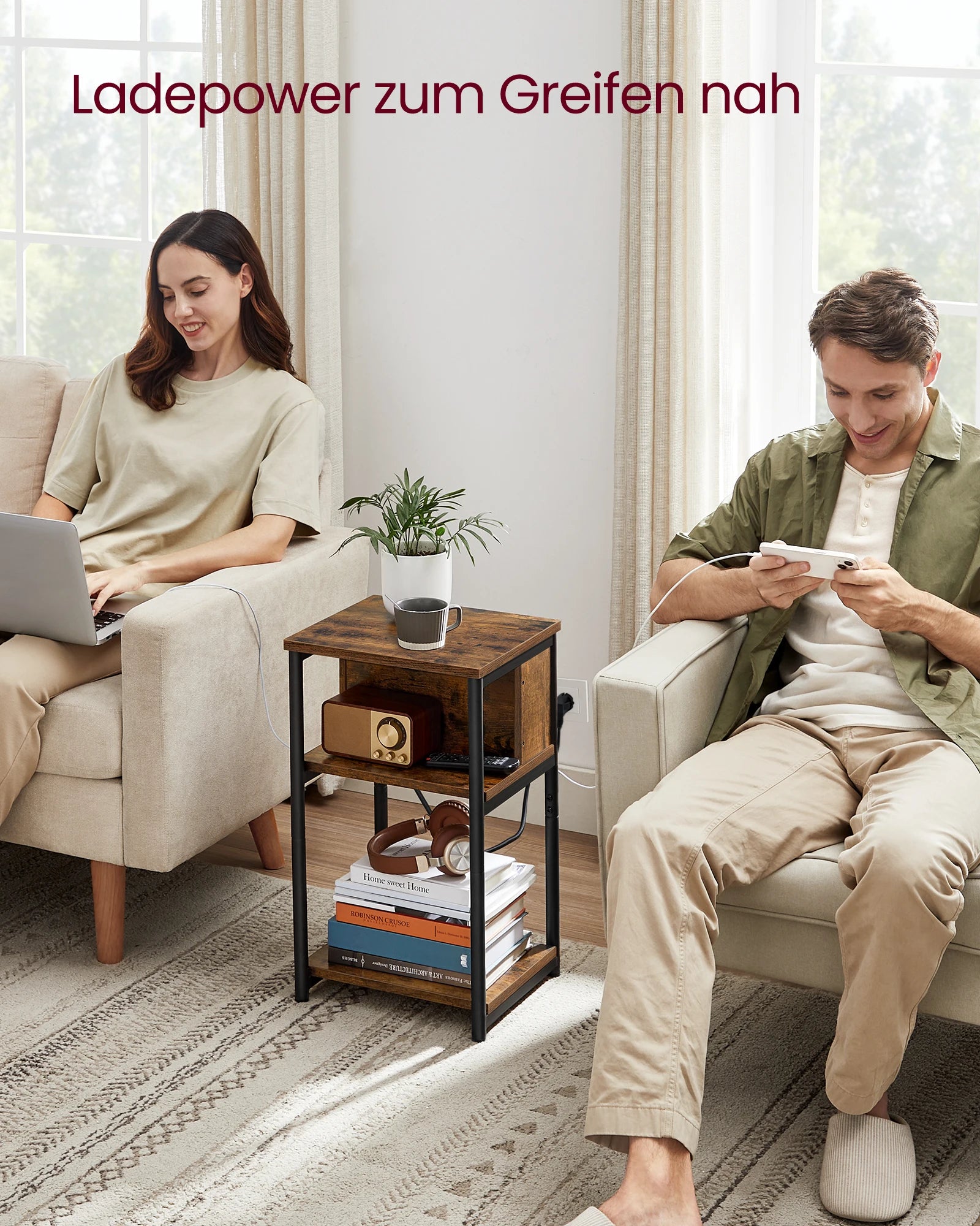 VASAGLE side table, bedside table with socket