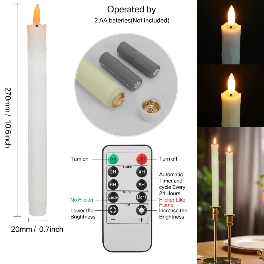 LED Flameless Taper Candles Flickering with 10-Key Remote