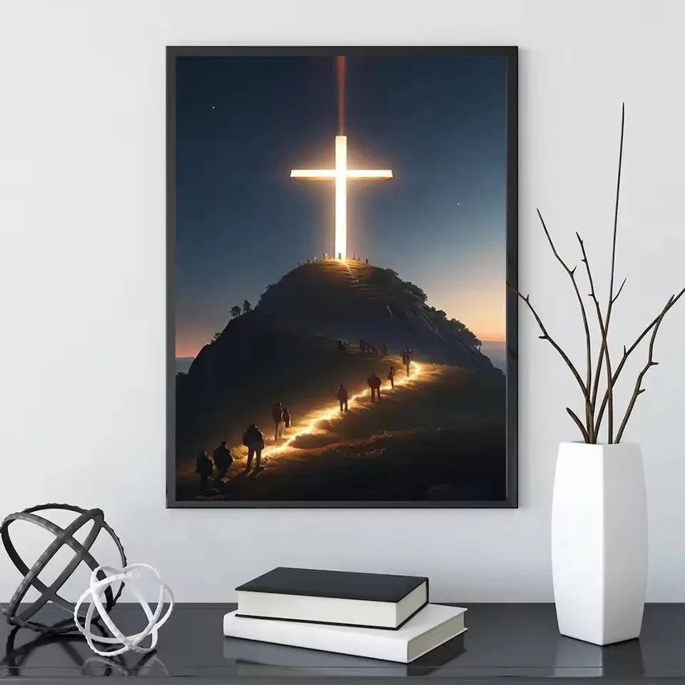Modern Christian Cross on The Top of The Mountain Wall Art Canvas Painting Jesus