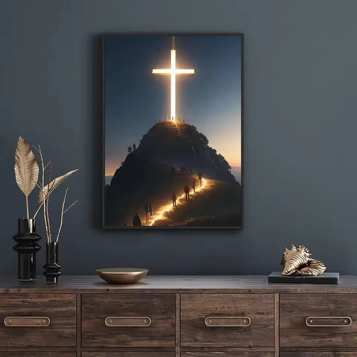 Modern Christian Cross on The Top of The Mountain Wall Art Canvas Painting Jesus