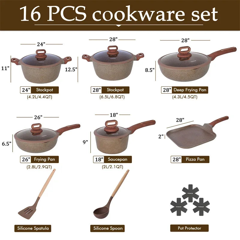 DONNOR Pot and Pan Set Non stick Frying pan 15/16Pcs Cookware