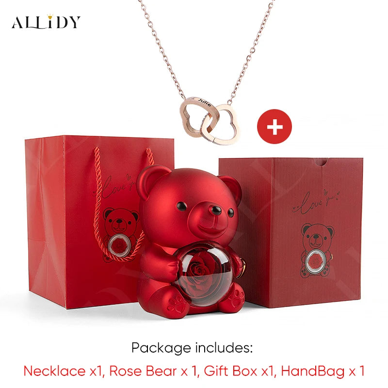 2025 Hot Eternal Rose Teddy Bear Gift Box with Custom Necklace Jewelry Set