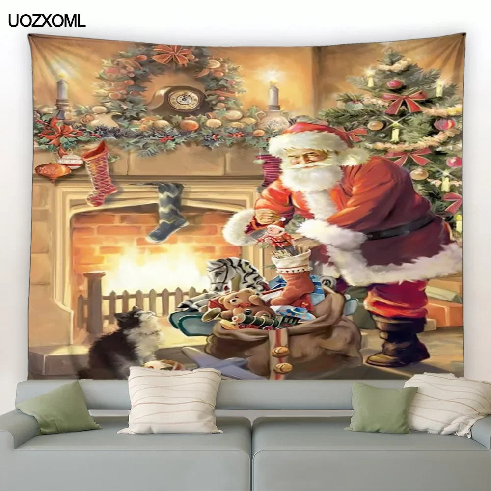 Christmas Tapestry Santa Clause Gifts Winter Castle Snow Landscape Oil