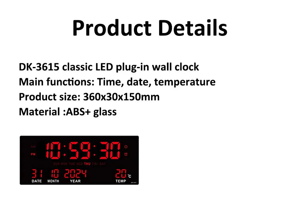 Digital Large Wall Clock Alarm Temperature Date Calendar Display