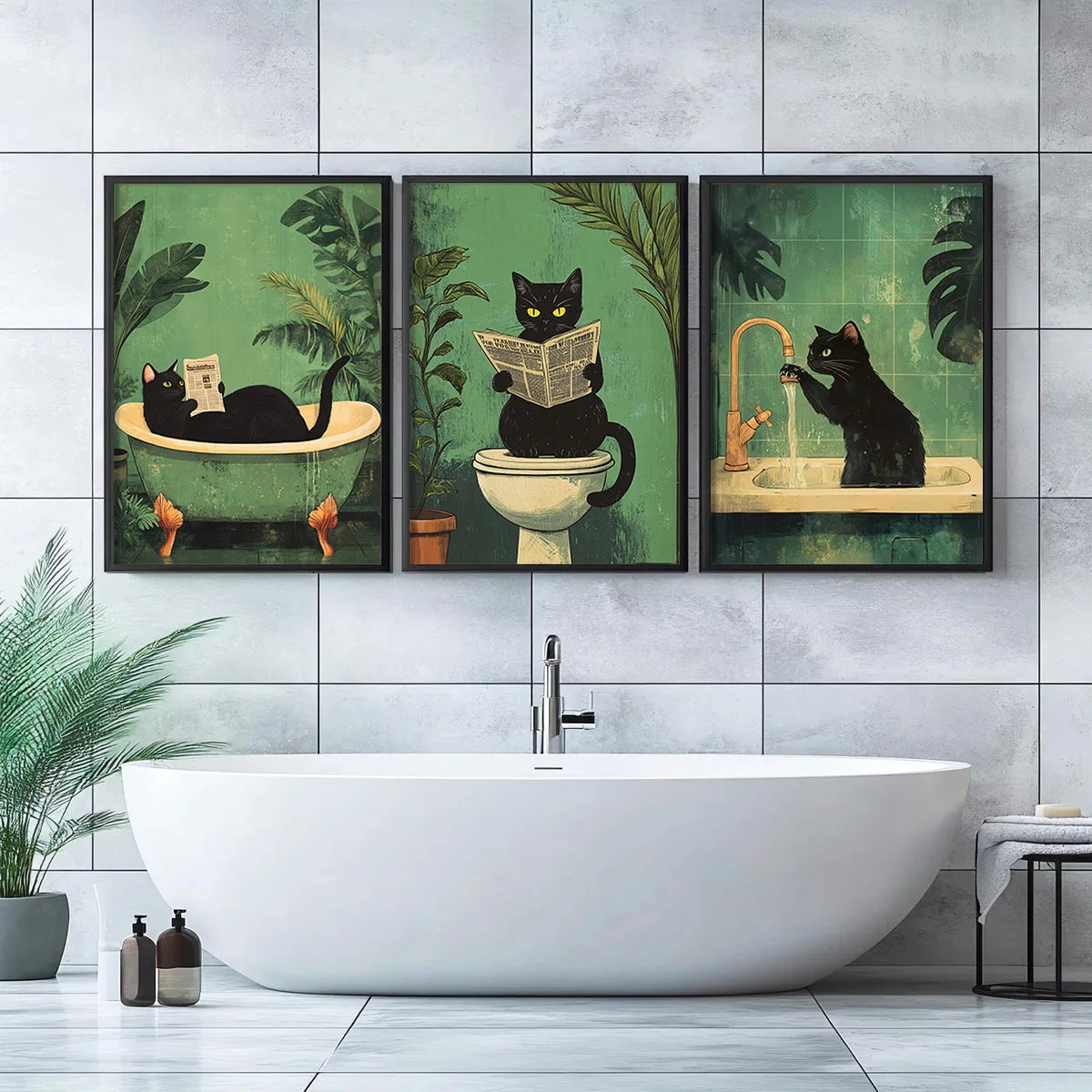 Set of 3 Funny Bathroom Black Cat Wall Art Canvas Print