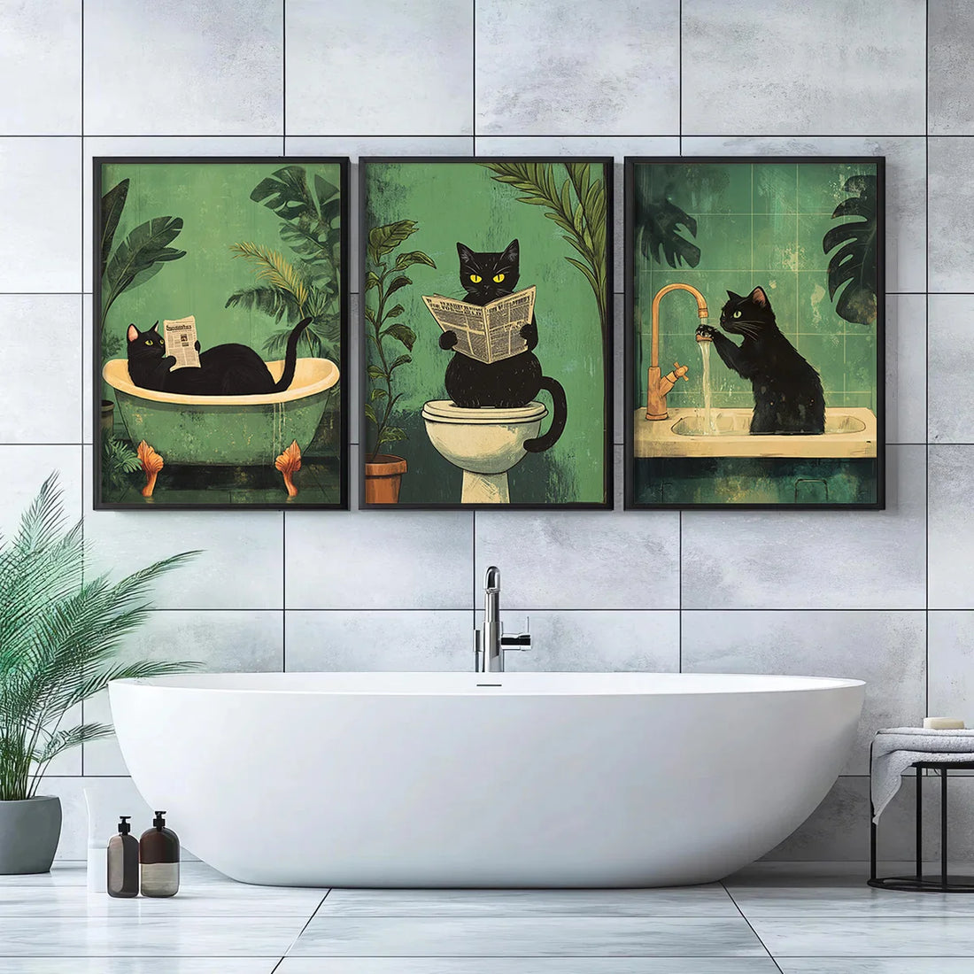 Set of 3 Funny Bathroom Black Cat Wall Art Canvas Print
