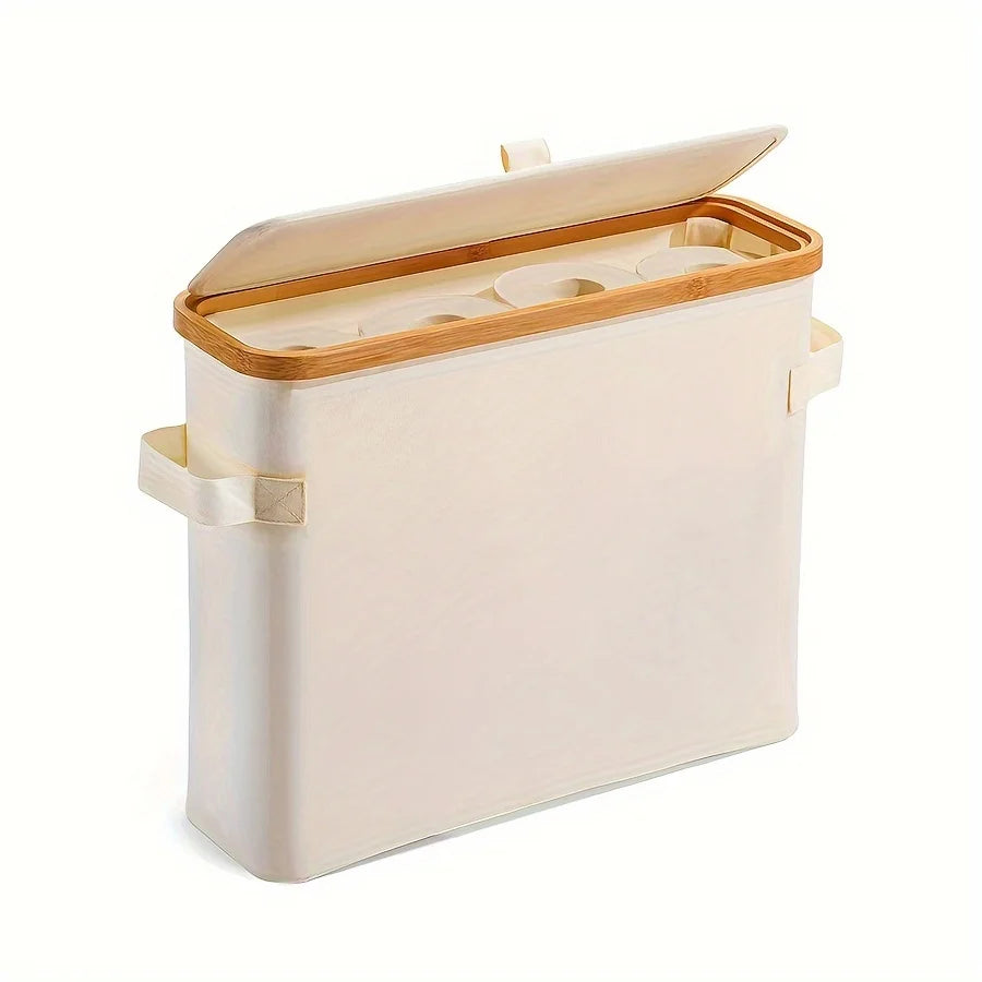 Bamboo toilet paper holder with lid - Self-contained bathroom organizer