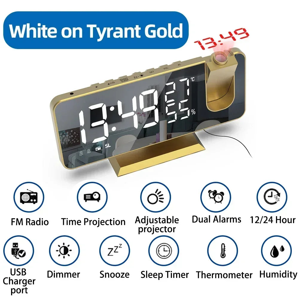 LED Digital Projection Alarm Clock Mirrow Radio USB Temperature