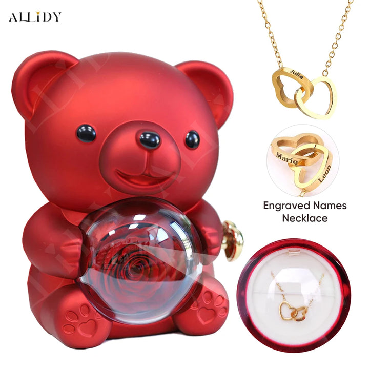 2025 Hot Eternal Rose Teddy Bear Gift Box with Custom Necklace Jewelry Set