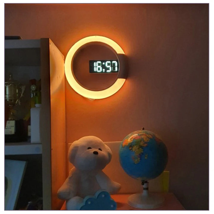 LED Mirror Hollow Wall Clock with Remote Control Round Digital Alarm Clock