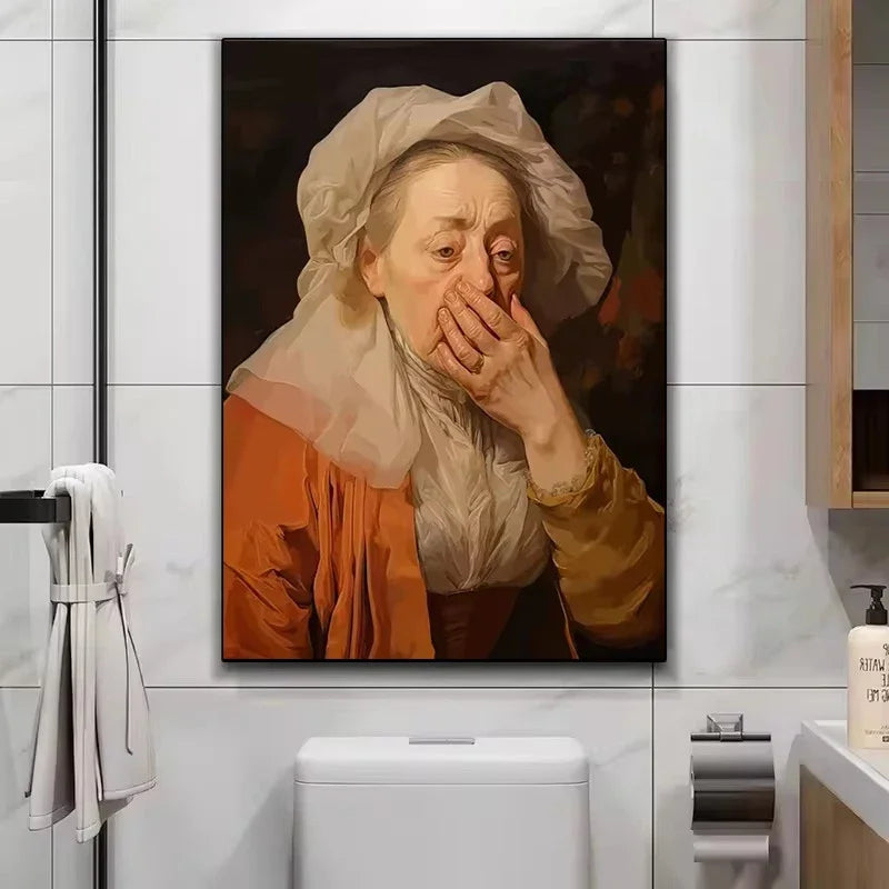 Funny Mona Lisa Wearing Pearls Girl Bathroom Toilet Decoration Painting