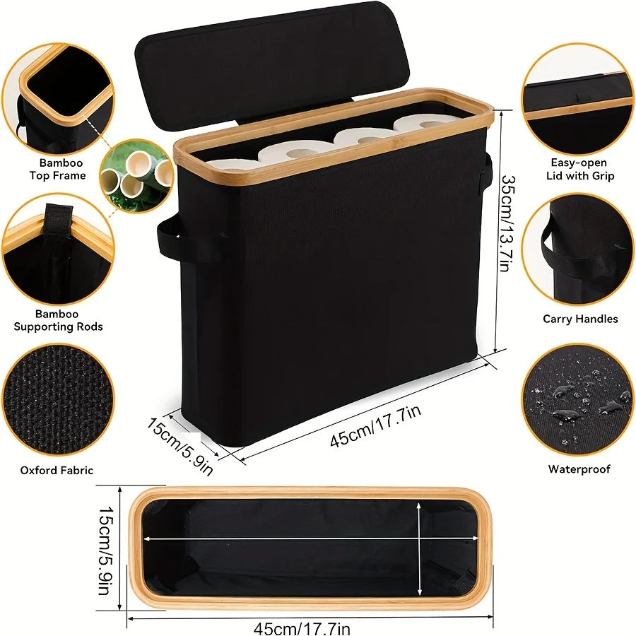 Bamboo toilet paper holder with lid - Self-contained bathroom organizer