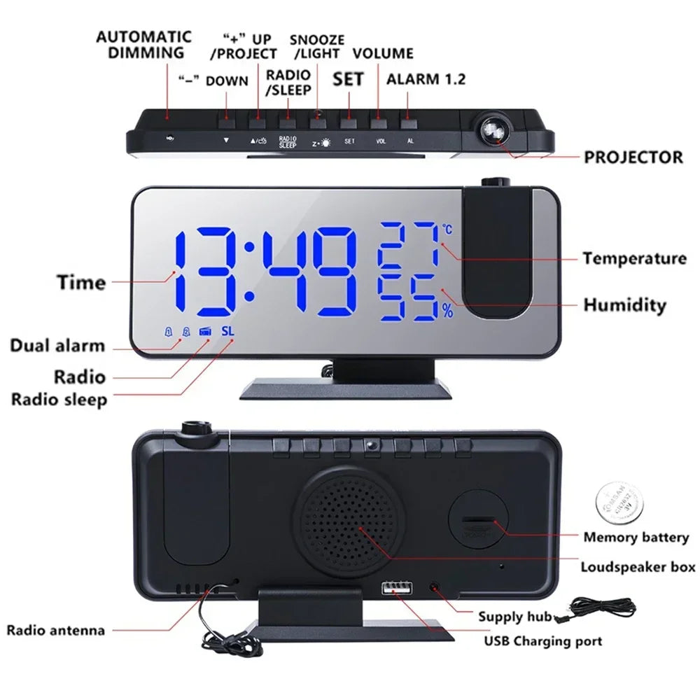 LED Digital Projection Alarm Clock Mirrow Radio USB Temperature