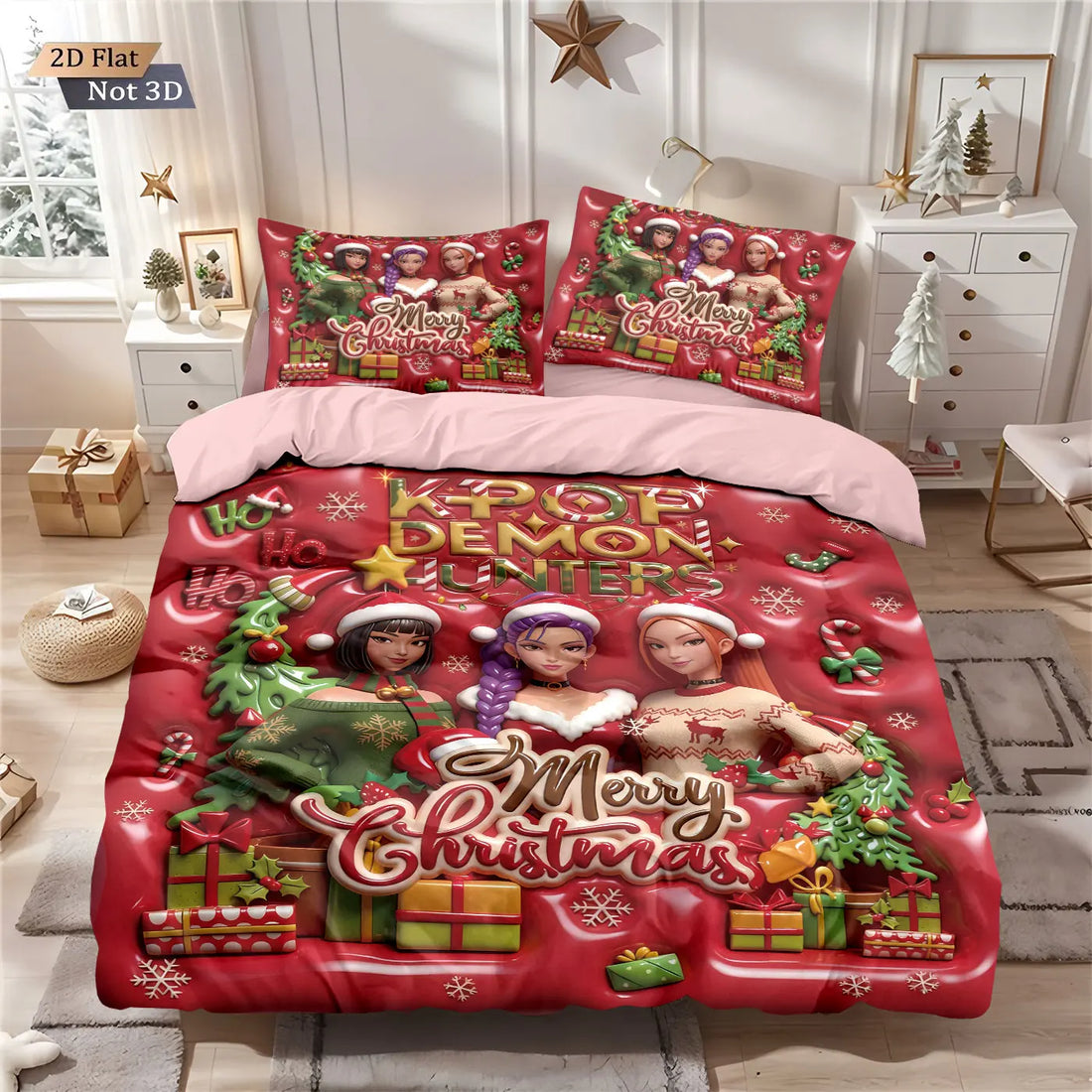 3pcs Christmas imitation relief K-Pop Demon Hunters printed coreless down comforter set