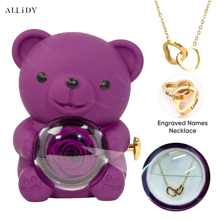 2025 Hot Eternal Rose Teddy Bear Gift Box with Custom Necklace Jewelry Set