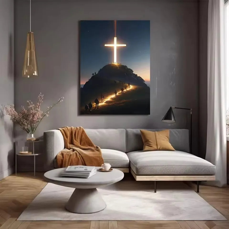Modern Christian Cross on The Top of The Mountain Wall Art Canvas Painting Jesus