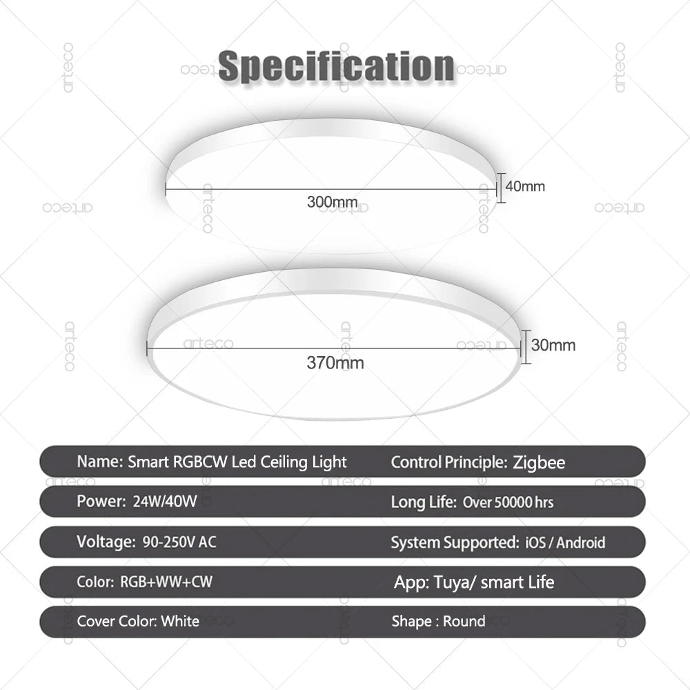 24W 40W Zigbee Smart Ceiling Led Lights RGB CW Tuya APP Control